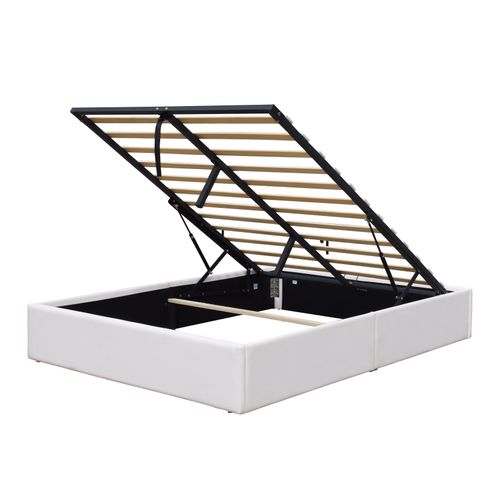 Lit Coffre Déhoussable Blanc 140x200 Cm Avec Pieds - 2 X 14 Lattes - Montage Rapide Pvc Simili