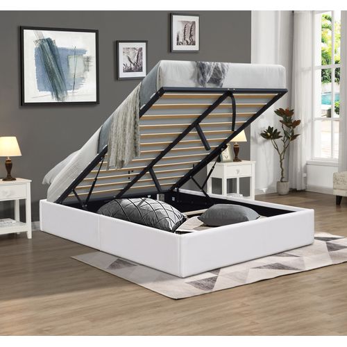 Lit Coffre Déhoussable Blanc 140x200 Cm Avec Pieds - 2 X 14 Lattes - Montage Rapide Pvc Simili