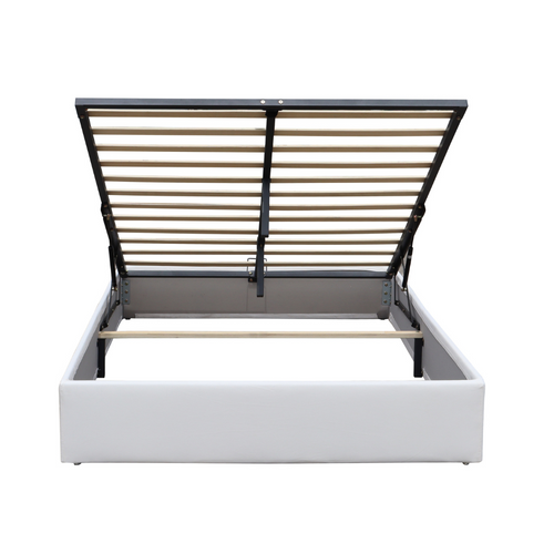 Lit Coffre Déhoussable Blanc 140x200 Cm Avec Pieds - 2 X 14 Lattes - Montage Rapide Pvc Simili