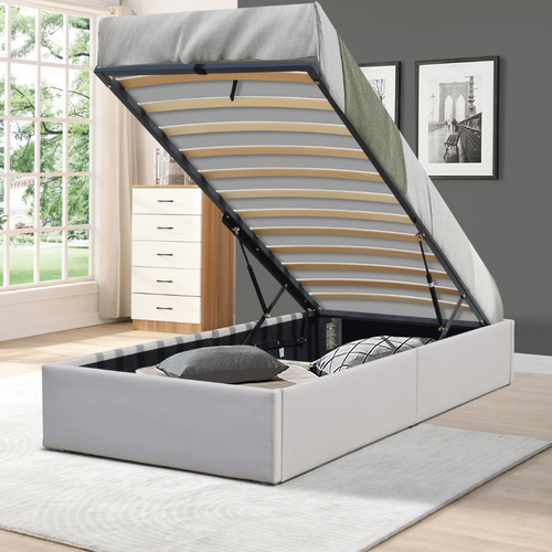 Lit Coffre Déhoussable Gris Loris Avec Pieds Pour Matelas 90x200cm Monté Rapidement Revêtement Pvc