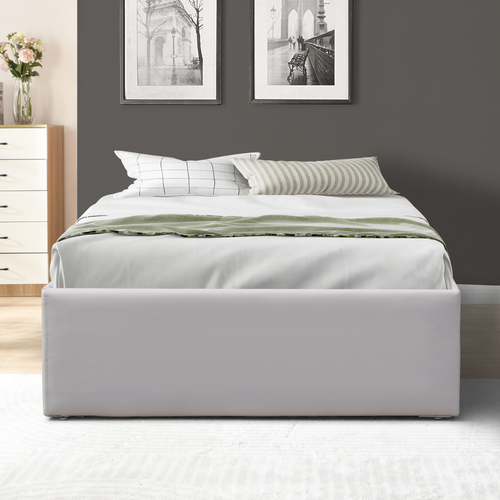 Lit Coffre Déhoussable Gris Loris Avec Pieds Pour Matelas 90x200cm Monté Rapidement Revêtement Pvc