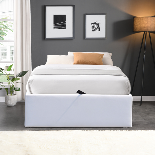 Lit Coffre Déhoussable Blanc Loris Avec Pieds Pour Matelas 90x200cm Montage Rapide Revêtement Pvc