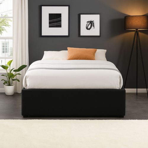 Lit Coffre Gris 90x190 Cm Avec Pieds - Montage Rapide, Revêtement Pvc Simili Facile D'entretien