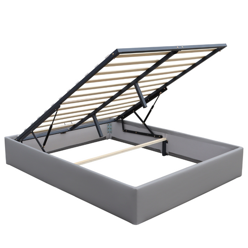 Lit Coffre Déhoussable 140x200 Cm Gris Avec 14 Lattes-revêtement Pvc Simili