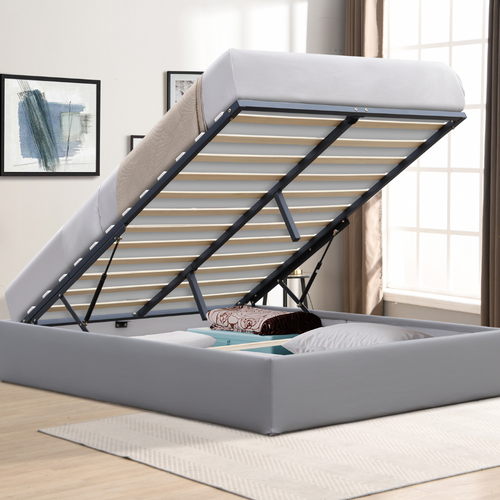 Lit Coffre Déhoussable 180x200 Cm Gris Avec 14 Lattes-et Entretien Facile En Pvc Simili