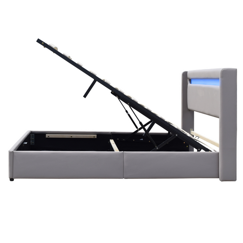 Lit Coffre Dehoussable 160x200 Cm Avec Tête De Lit LED Et 14 Lattes-revêtement Pvc Simili