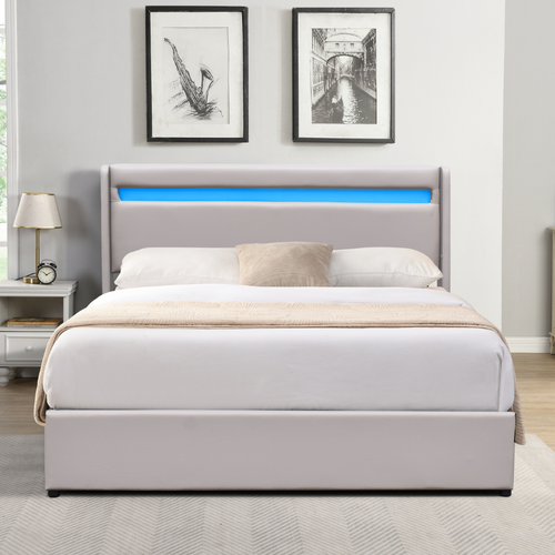 Lit Coffre Dehoussable 160x200 Cm Avec Tête De Lit LED Et 14 Lattes-revêtement Pvc Simili