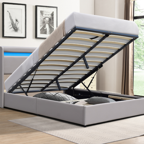 Lit Coffre Dehoussable 160x200 Cm Avec Tête De Lit LED Et 14 Lattes-revêtement Pvc Simili