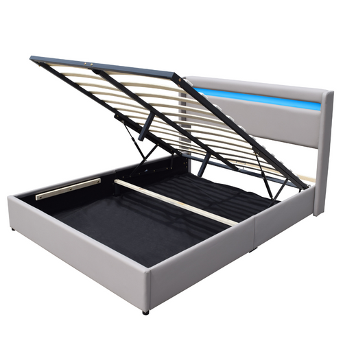 Lit Coffre Dehoussable 160x200 Cm Avec Tête De Lit LED Et 14 Lattes-revêtement Pvc Simili