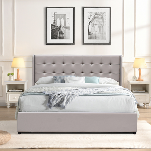 Lit Coffre De Rangement 120x190 Cm Avec Tête De Lit Capitonnée Et 12 Lattes-revêtement Pvc Simili