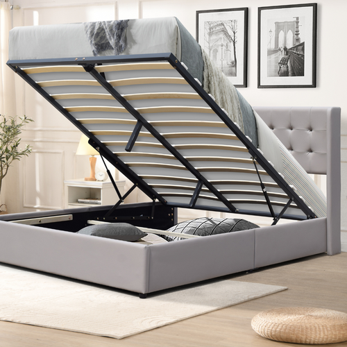 Lit Coffre De Rangement 120x190 Cm Avec Tête De Lit Capitonnée Et 12 Lattes-revêtement Pvc Simili