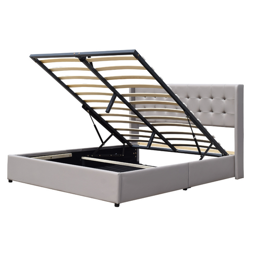 Lit Coffre De Rangement 120x190 Cm Avec Tête De Lit Capitonnée Et 12 Lattes-revêtement Pvc Simili