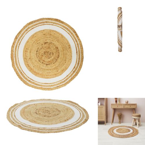 Tapis Rond En Jute Et Coton - Imprimé Blanc - Diamètre 90 Cm