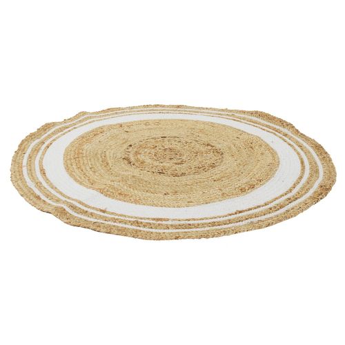 Tapis Rond En Jute Et Coton - Imprimé Blanc - Diamètre 90 Cm