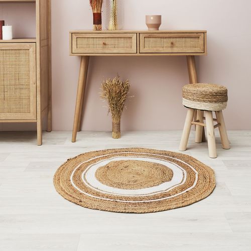 Tapis Rond En Jute Et Coton - Imprimé Blanc - Diamètre 90 Cm