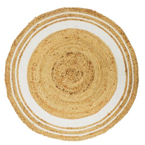 Tapis Rond En Jute Et Coton - Imprimé Blanc - Diamètre 90 Cm
