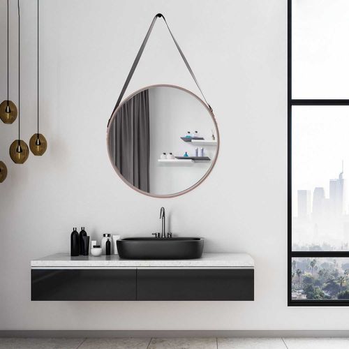 Miroir Rond à Suspendre Avec Une Anse - Diam. 50 Cm. - Beige