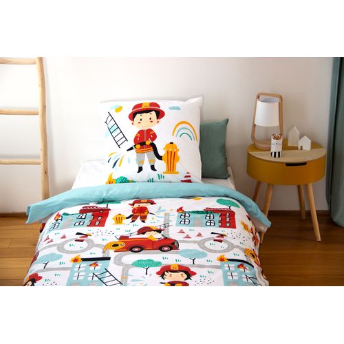Parure De Lit Enfant Pompier - 100% Coton Adouci 57 Fils - 140 X 200 Cm