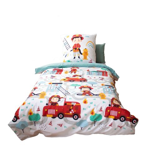 Parure De Lit Enfant Pompier - 100% Coton Adouci 57 Fils - 140 X 200 Cm