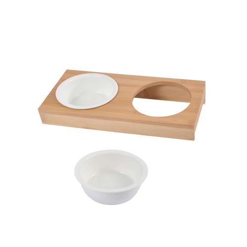 Gamelle Double En Céramique Et Bambou Pour Chien Et Chat - Diam 12 Cm