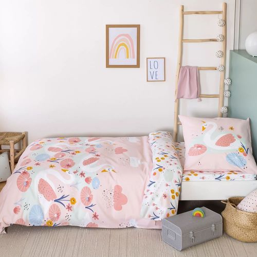 Parure De Lit Enfant Cygne - Coton 57 Fils/cm² - 140 X 200 Cm - Rose