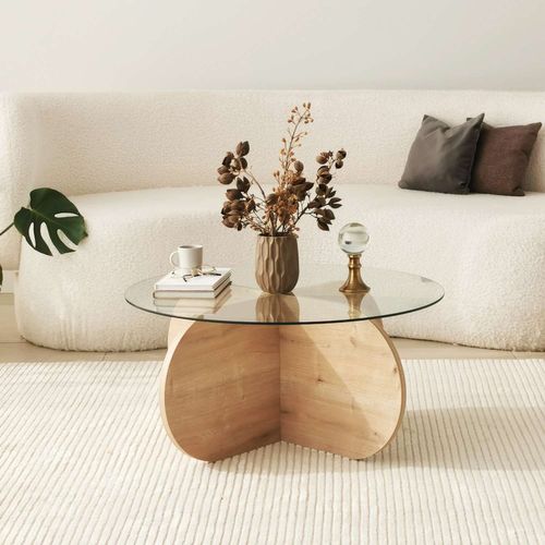 Table Basse Ronde Luminix En Verre Et Bois - Beige