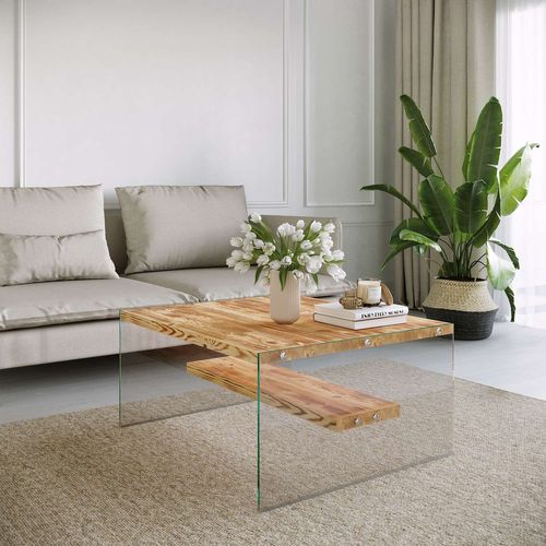Table Basse Carrée 1 Étagère Crystallia En Bois Massif - Marron Clair