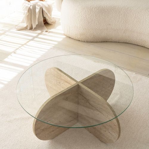 Table Basse Ronde En Verre Et Effet Travertin - Beige