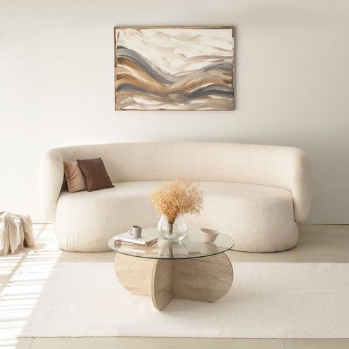 Table Basse Ronde En Verre Et Effet Travertin - Beige