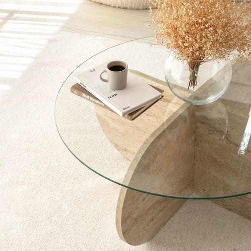 Table Basse Ronde En Verre Et Effet Travertin - Beige