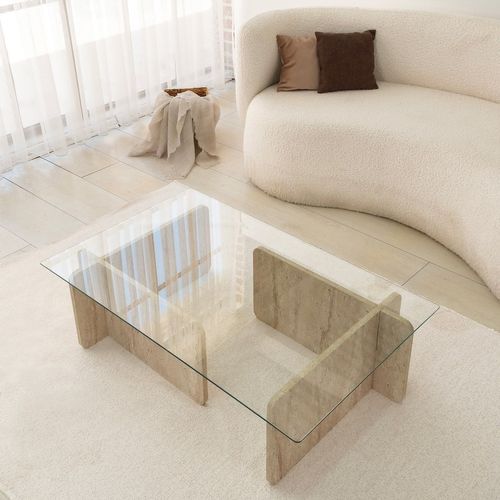 Table Basse Rectangulaire Effet Travertin Et Verre - Beige