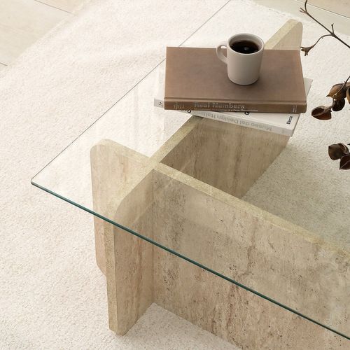 Table Basse Rectangulaire Effet Travertin Et Verre - Beige