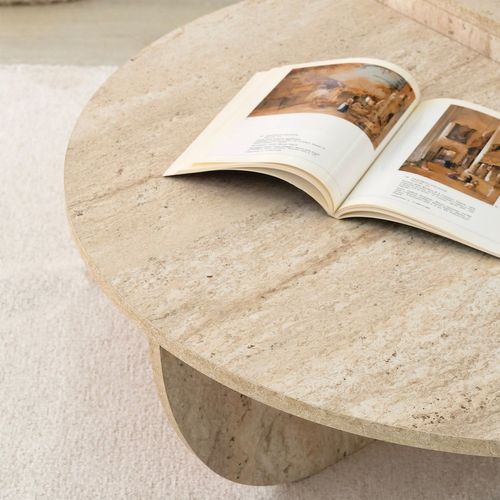Table Basse Ronde Grand Format Effet Travertin - Beige