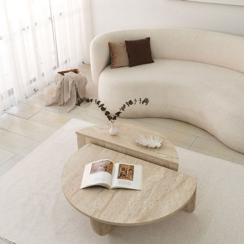Table Basse Ronde Grand Format Effet Travertin - Beige