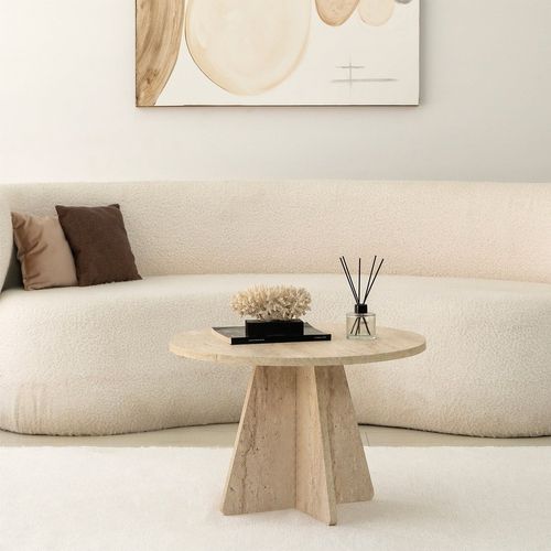 Table Basse Ronde Effet Travertin Valence - Beige