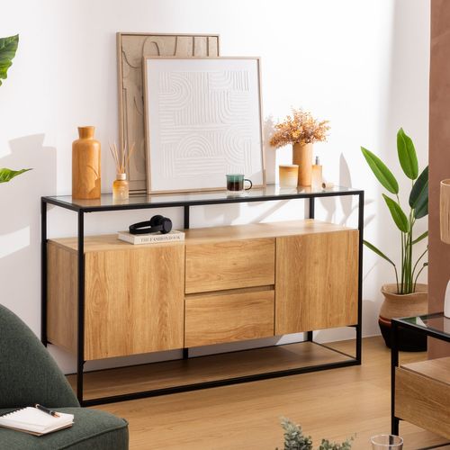 Buffet 2 Portes Et 2 Tiroirs Effet Bois Et Verre Aldea - Beige