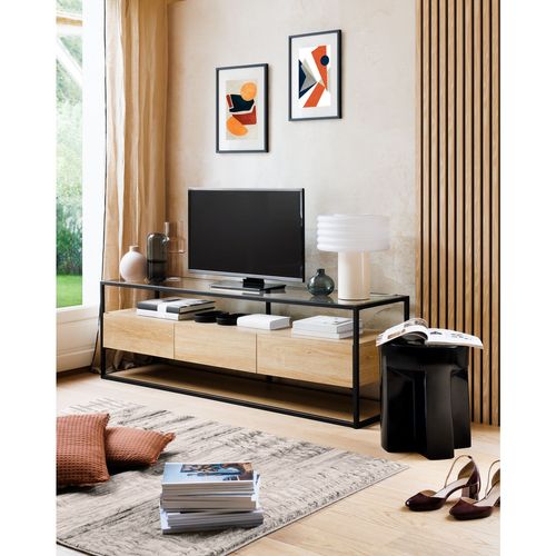 Meuble TV 3 Tiroirs Effet Bois Et Verre Aldea - Beige