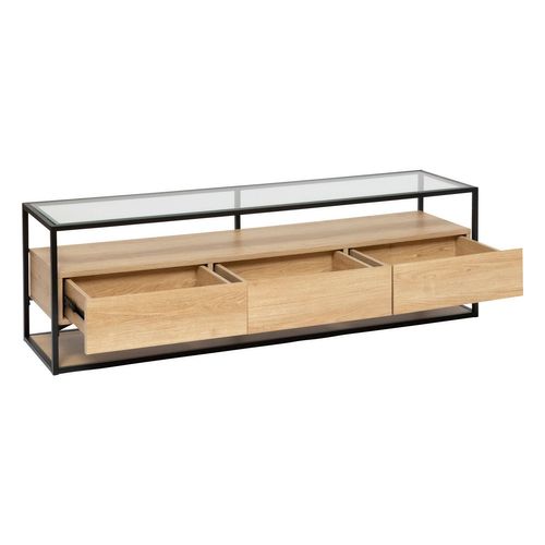 Meuble TV 3 Tiroirs Effet Bois Et Verre Aldea - Beige