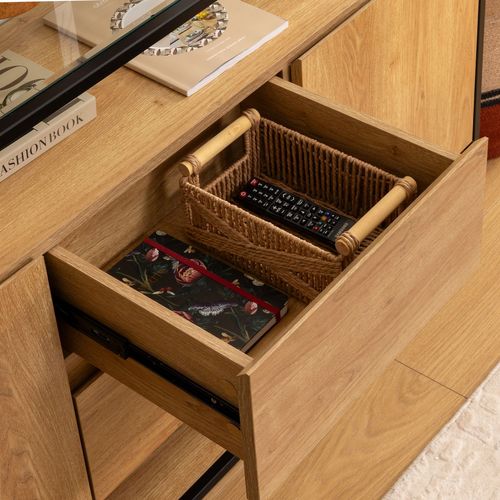 Meuble TV 3 Tiroirs Effet Bois Et Verre Aldea - Beige