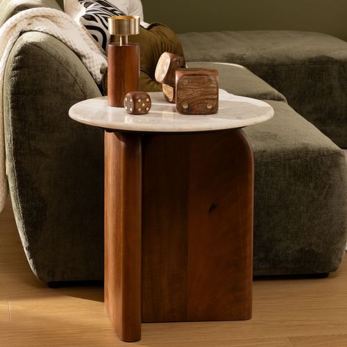 Table à Café Ronde En Marbre Et Bois Massif Nanda - Blanc