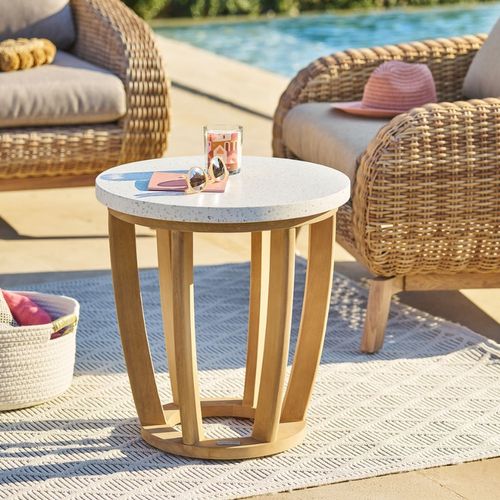 Table De Jardin D'appoint Ronde En Bois Et Béton Lemindo - D. 50 Cm - Marron