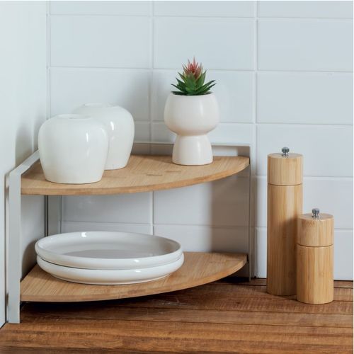 Étagère D'angle 2 Niveaux En Bambou Et Métal Ordera - Beige Et Blanc