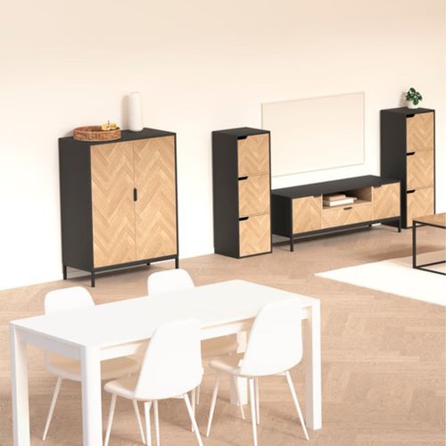 Buffet 2 Portes En Bois Et Métal Chevrons - Beige Et Noir
