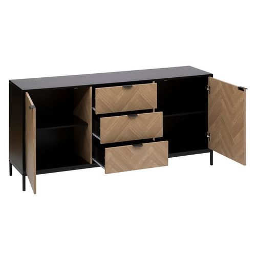 Buffet 2 Portes Et 3 Tiroirs En Bois Et Métal Chevrons - Beige Et Noir