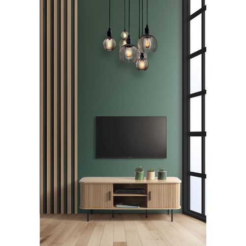 Meuble TV 2 Portes Coulissantes Effet Tasseau Bonnie - Beige