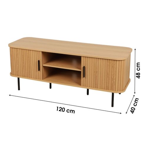 Meuble TV 2 Portes Coulissantes Effet Tasseau Bonnie - Beige