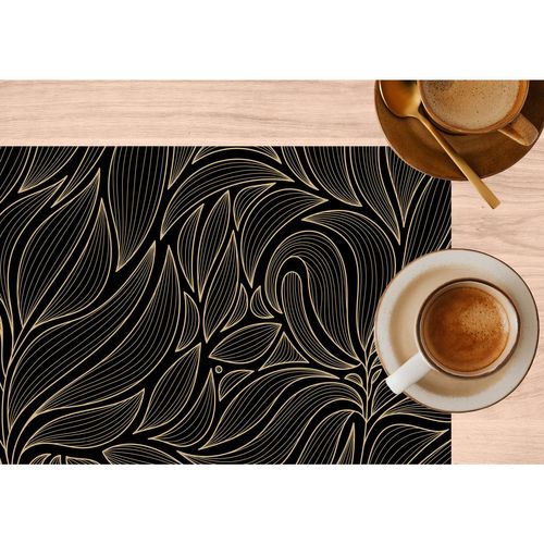 Lot De 6 Sets De Table Motif Feuillage Avec Encre Métallique Cosmo - 30 X 45 Cm - Or Et Noir