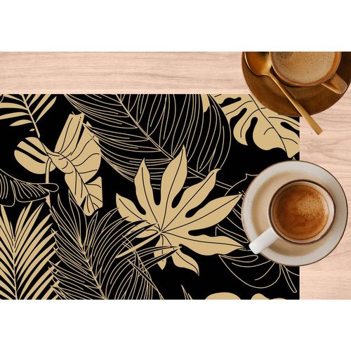 Lot De 6 Sets De Table Motif Feuillage Avec Encre Métallique Lyra - 30 X 45 Cm - Or Et Noir