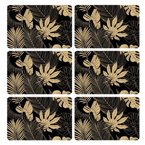 Lot De 6 Sets De Table Motif Feuillage Avec Encre Métallique Lyra - 30 X 45 Cm - Or Et Noir