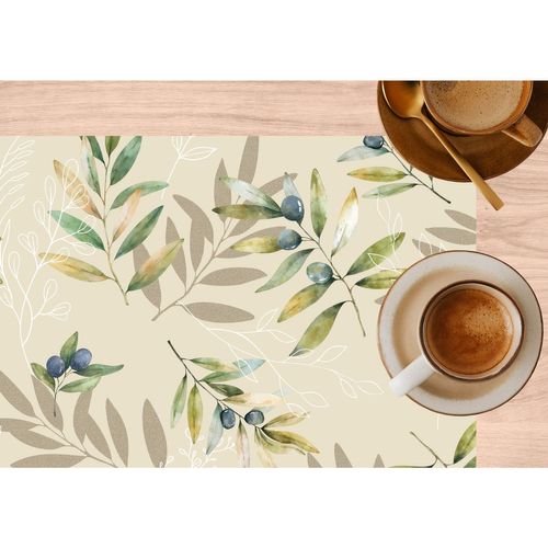 Lot De 2 Sets De Table Motif Provençal Oliba - 28 X 43 Cm - Beige Et Vert